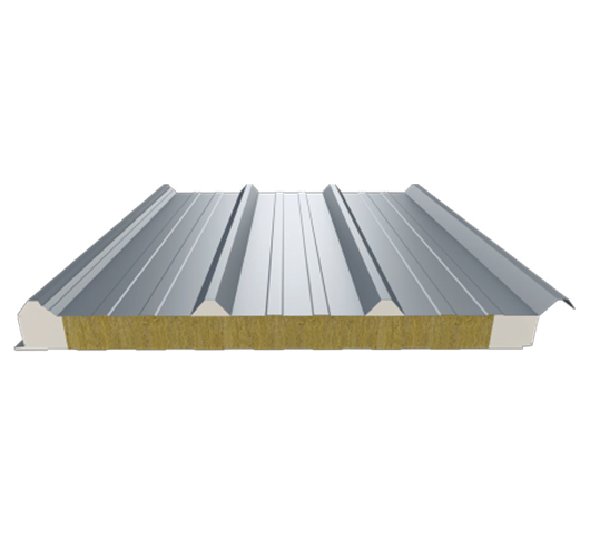 Supplier illustration showing profiled metal faces and the exposed core of a roof sandwich panel